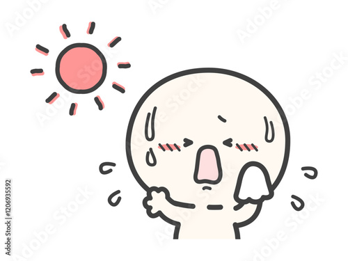夏の太陽と暑くて汗をかいている人物のベクターイラスト02