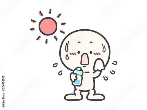 汗をかいている暑そうな人物と水のペットボトルのベクターイラスト08