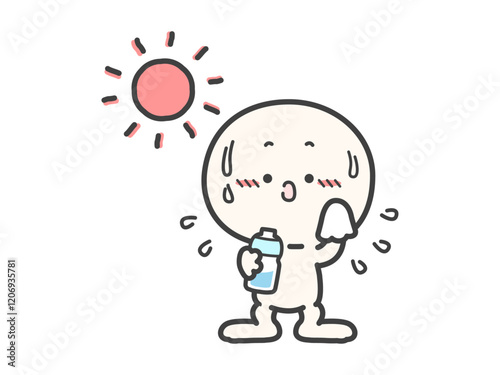 汗をかいている暑そうな人物と水のペットボトルのベクターイラスト06