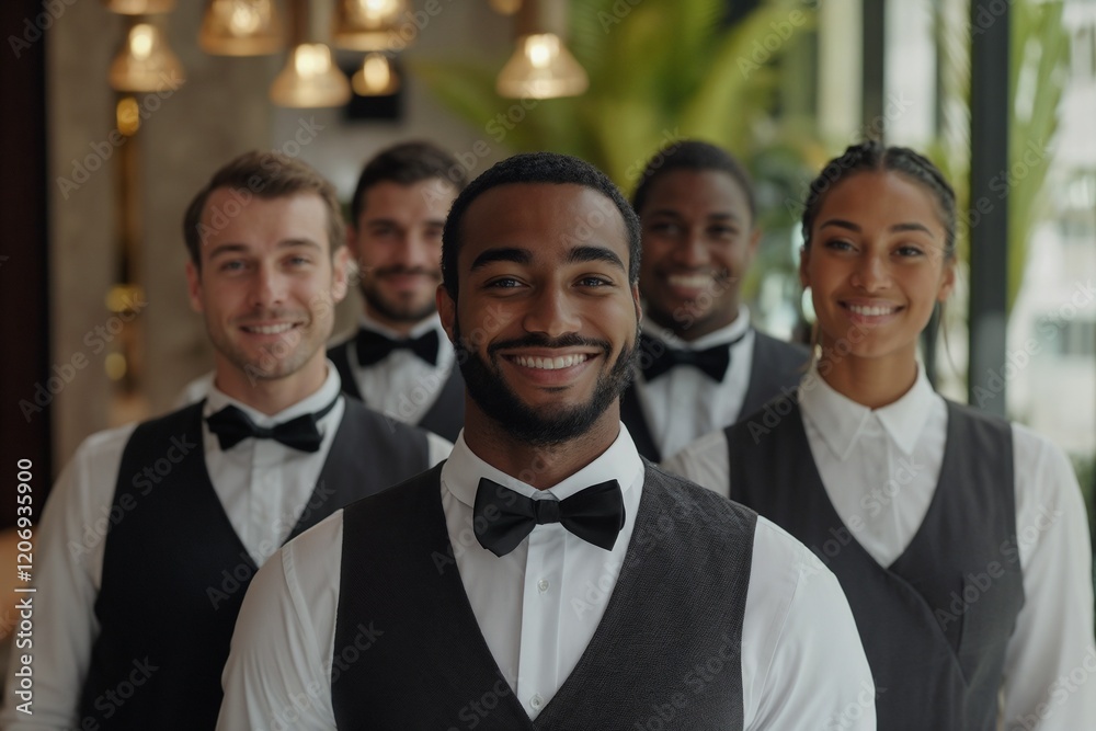 Diverse group of waiters in formal attire smiling. Great for hospitality industry, service excellence, and team diversity representation. Diverse group of waiters in formal attire smiling. Great for hospitality industry, service excellence, and team diversity representation.