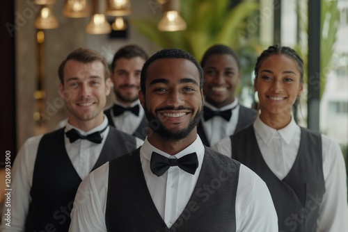Diverse group of waiters in formal attire smiling. Great for hospitality industry, service excellence, and team diversity representation.