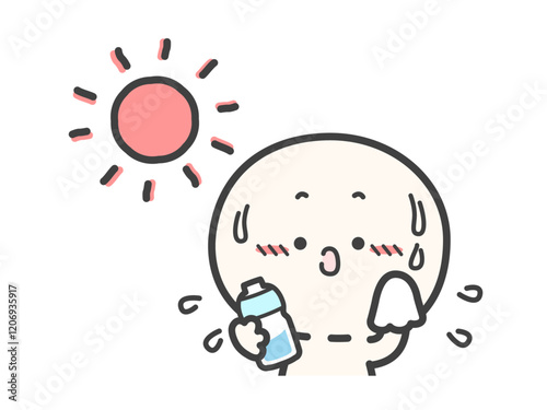 汗をかいている暑そうな人物と水のペットボトルのベクターイラスト05