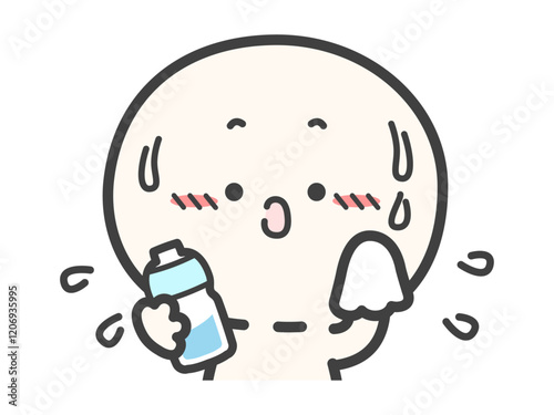 汗をかいている暑そうな人物と水のペットボトルのベクターイラスト02