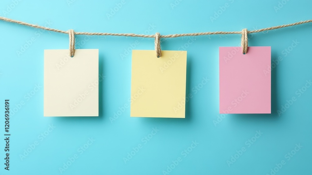Colorful Blank Notes Hanging on a String Against a Blue Background for Creative Projects, Reminders, or Organizing Thoughts and Ideas