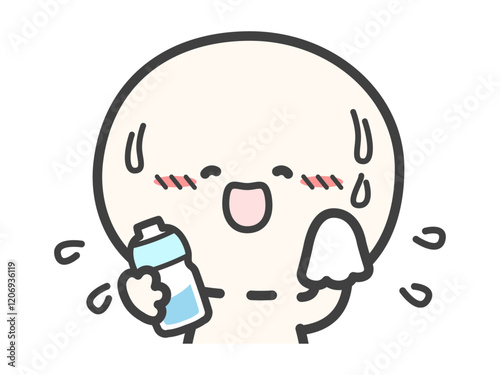 汗をかいている暑そうな人物と水のペットボトルのベクターイラスト01