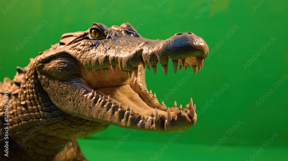 Fototapeta premium Close-up view of a menacing crocodile with its mouth wide open on a solid green screen background