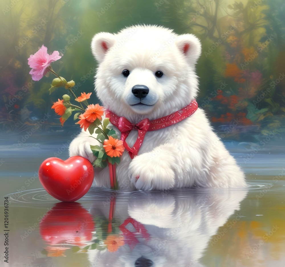 Fototapeta premium Illustration of fluffy bear with red heart.