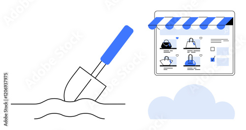 Shovel digging in ground next to online shopping window displaying various handbags. Ideal for e-commerce, business growth, online retail, digital marketing, strategy, investment, web development