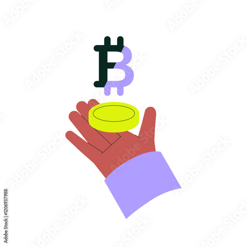 Bitcoin token logo held in hand symbolizing cryptocurrency and blockchain technology, isolated flat vector illustration for digital currency, fintech, and online financial transactions