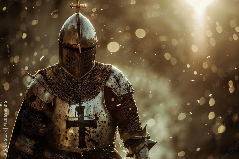 Fototapeta premium Fantastic beautiful royal knight in iron armor guards castle chambers, abstract vivid composition consists of fictional unreal fantastic vision on background