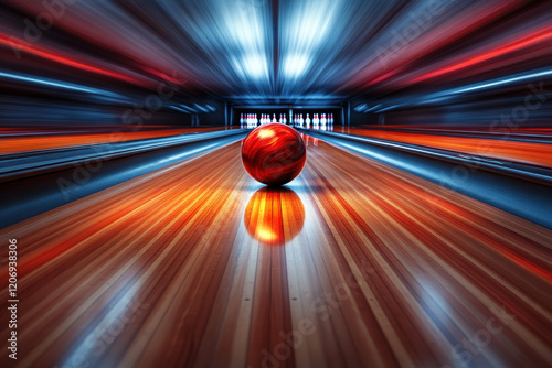 Bowling ball on a bowling alley floor, pins in the background, illuminated by the bright overhead lights. photo