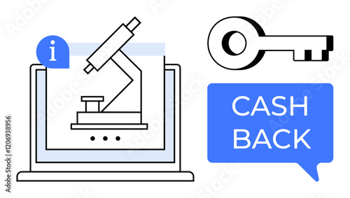 Laptop with microscope icon on screen, information icon, key, and CASH BACK text bubble. Ideal for online transactions, e-commerce, security, research, financial incentives technology education