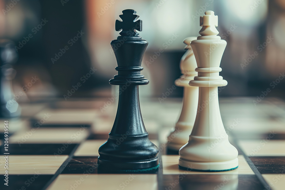 Chess piece standing on checkered game board during strategic game of chess, abstract vivid composition consists of fictional unreal fantastic vision on background Chess piece standing on checkered game board during strategic game of chess, abstract vivid composition consists of fictional unreal fantastic vision on background