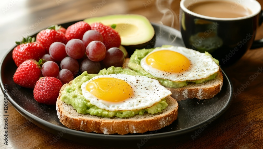 Healthy breakfast of avocado toast, fried eggs, strawberries, and grapes. Healthy breakfast of avocado toast, fried eggs, strawberries, and grapes.