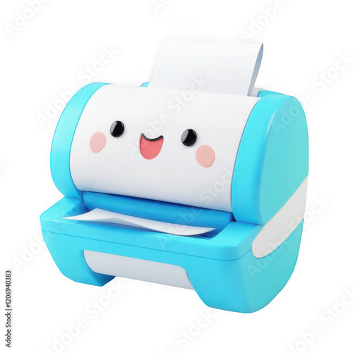 A cute blue and white printer with paper inside.
 photo