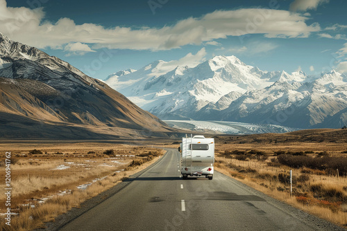 Holiday trip on large family motorhome for holiday in beautiful natural nature, abstract vivid composition consists of fictional unreal fantastic vision on background