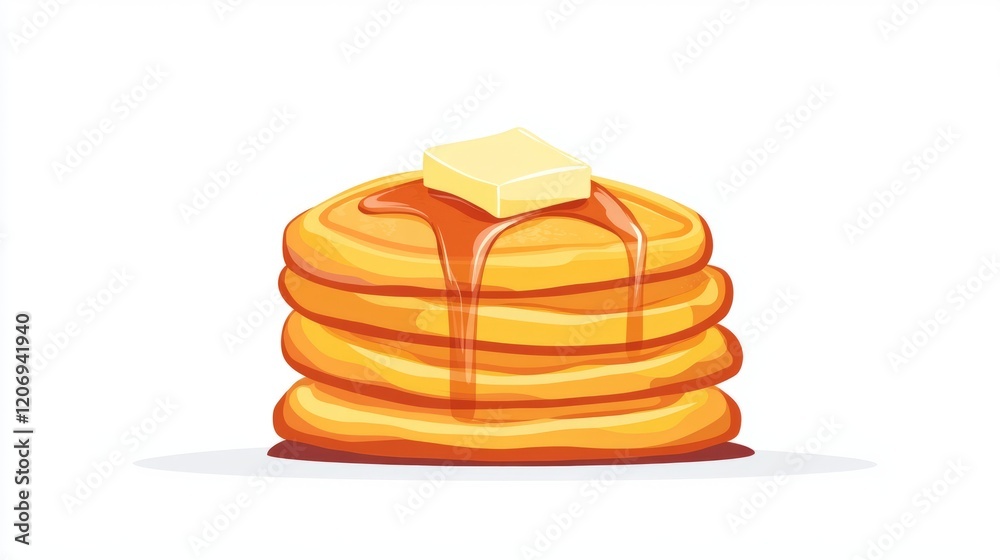 A stack of fluffy pancakes with syrup and butter, isolated on a white background, perfect for fast food breakfast enthusiasts. A stack of fluffy pancakes with syrup and butter, isolated on a white background, perfect for fast food breakfast enthusiasts.