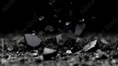 Black Fragments Falling On Dark Surface