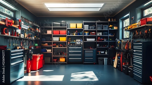 Well-organized garage filled with various tools and equipment for home improvement projects