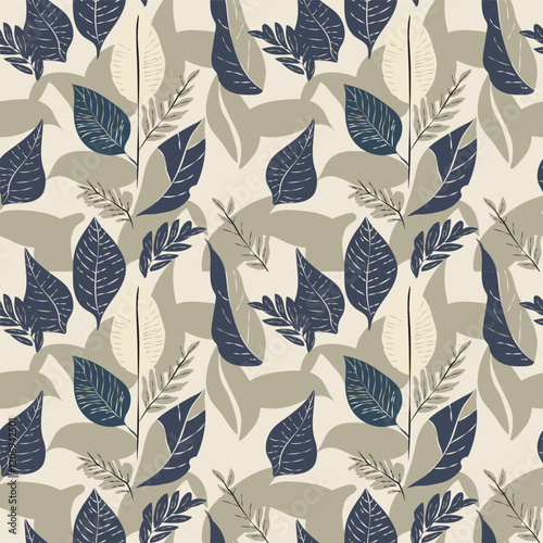 Vector illustration of leaf seamless pattern, minimalist style, earth tones of dark blue, cream and beige for natural, warm, modern designs, wallpaper, fabric, prints, decorations.