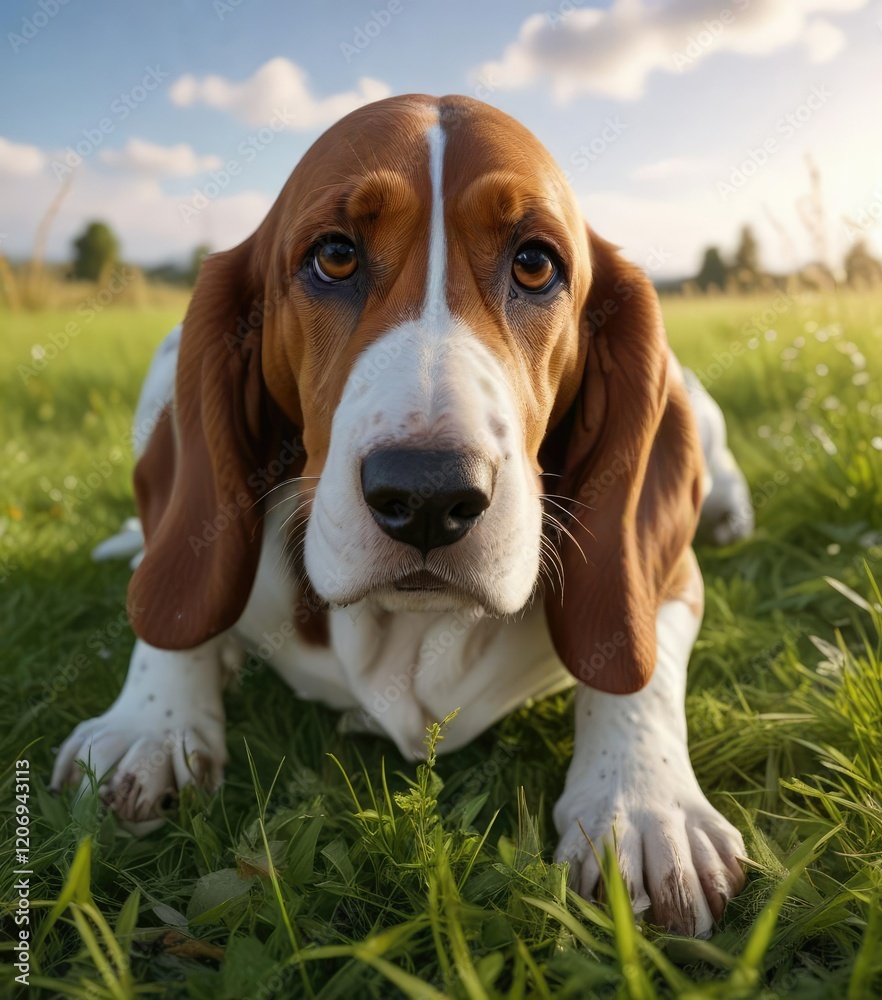 A basset hound's paws sinking into soft grass as it moves through a field, rural, foliage, paws A basset hound's paws sinking into soft grass as it moves through a field, rural, foliage, paws