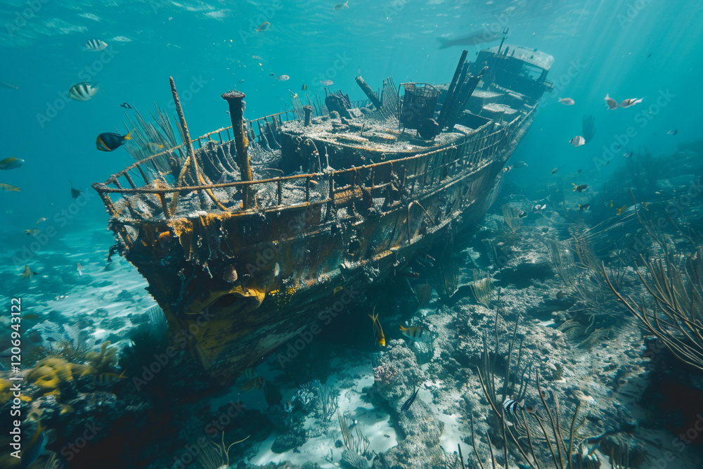 Underwater view of an old sunken ship on seabed with fish swimming around, abstract vivid composition consists of fictional unreal fantastic vision on background Underwater view of an old sunken ship on seabed with fish swimming around, abstract vivid composition consists of fictional unreal fantastic vision on background