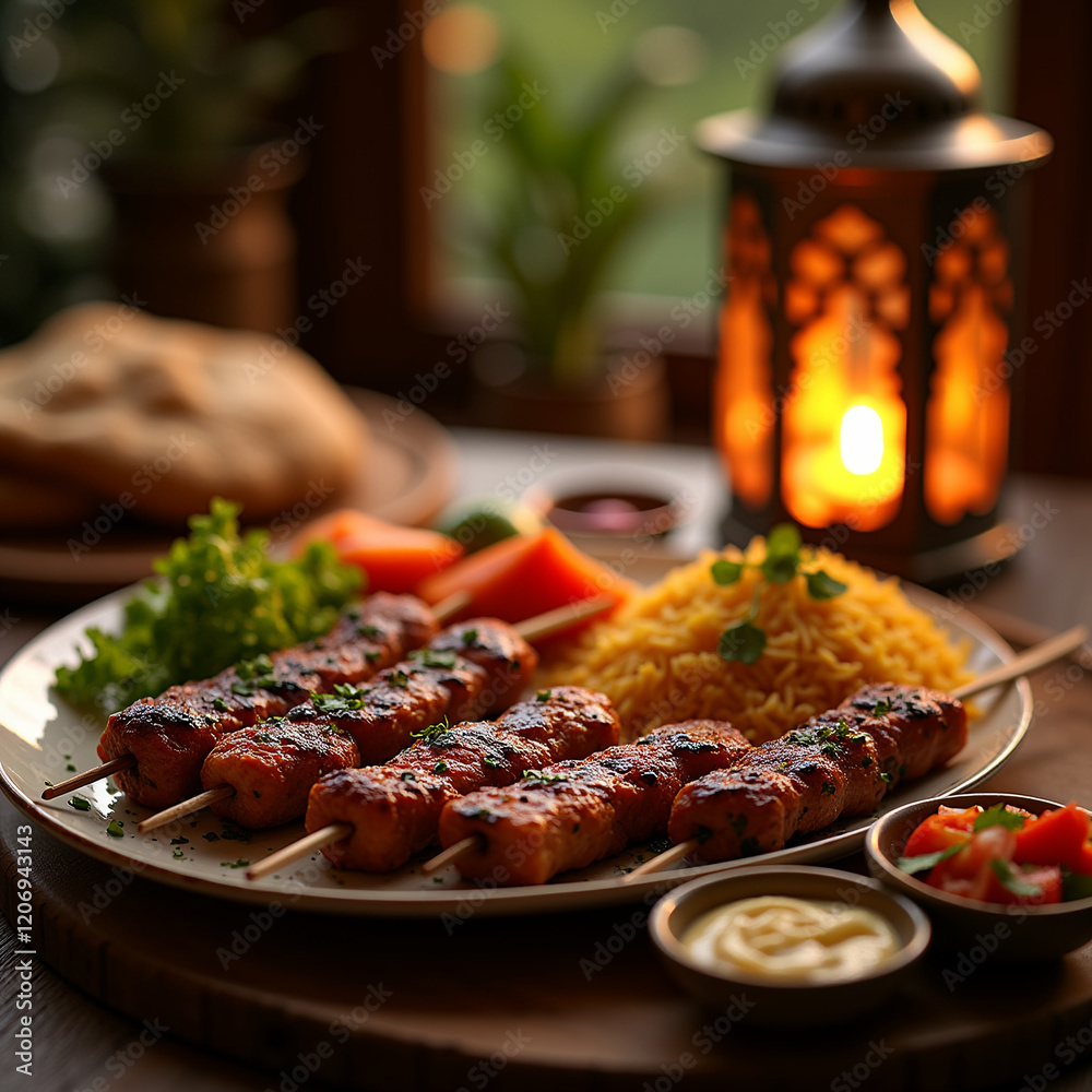 Fototapeta premium Grilled kebabs with sides and vegetables on table