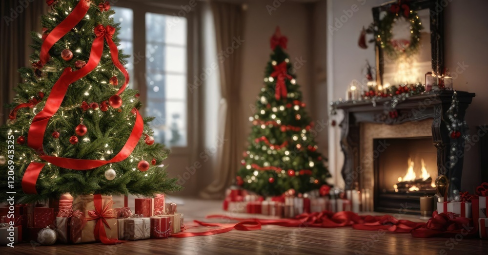 Fototapeta premium A beautiful Christmas tree wrapped in a stylish red ribbon with ornaments and lights, lights, red ribbon