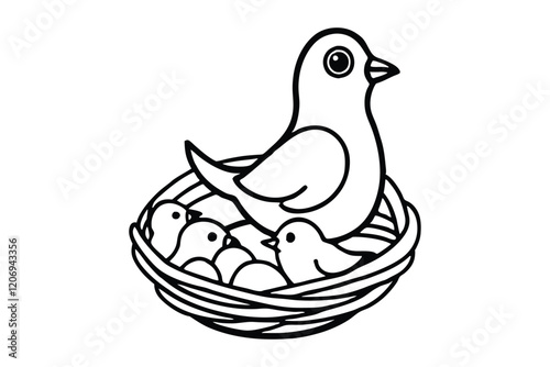 Wallpaper Mural Line art illustration of a mother bird and her chicks in their cozy nest.eps Torontodigital.ca