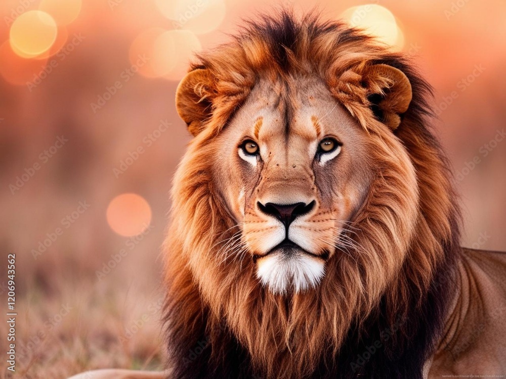 Fototapeta premium portrait of a lion , A lion sitting solemnly and looking ahead.