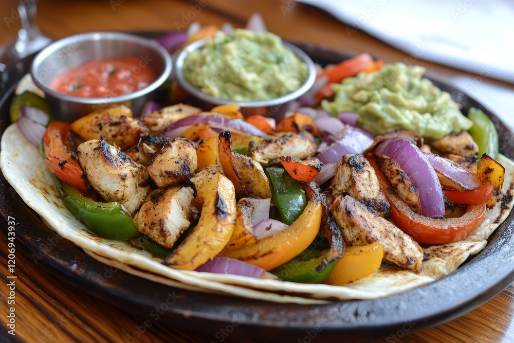 Grilled chicken fajitas with bell peppers, onions, salsa, and guacamole on a warm tortilla. Grilled chicken fajitas with bell peppers, onions, salsa, and guacamole on a warm tortilla.