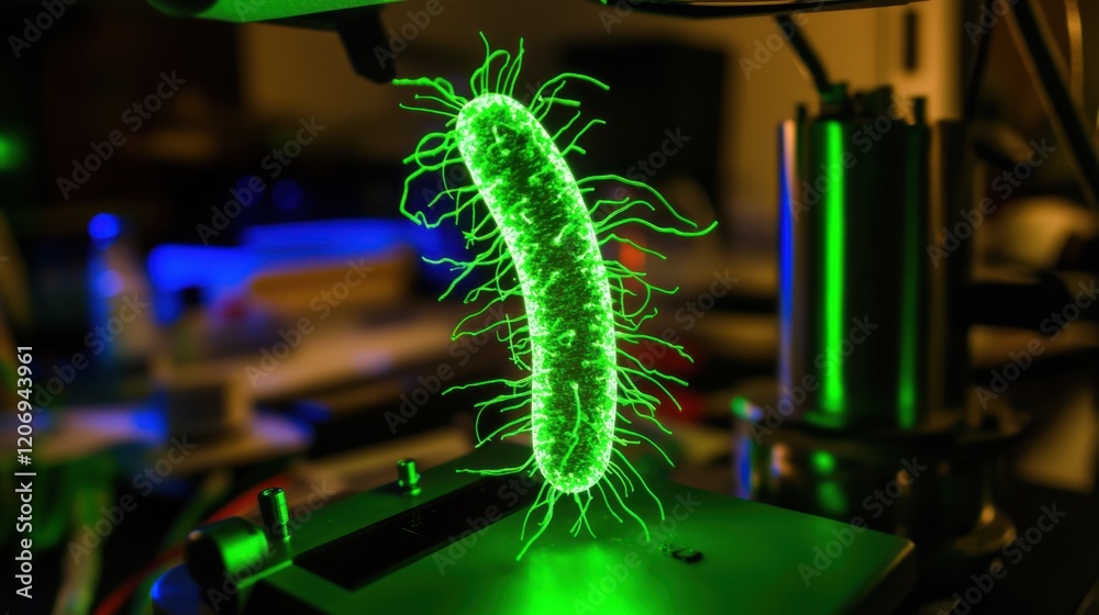 Fototapeta premium A Mesmerizing Visualization of a Bacterial Cell Projected in Vibrant Green, Showcasing Intricate Details in a Laboratory Environment Under Simulated Light Effects