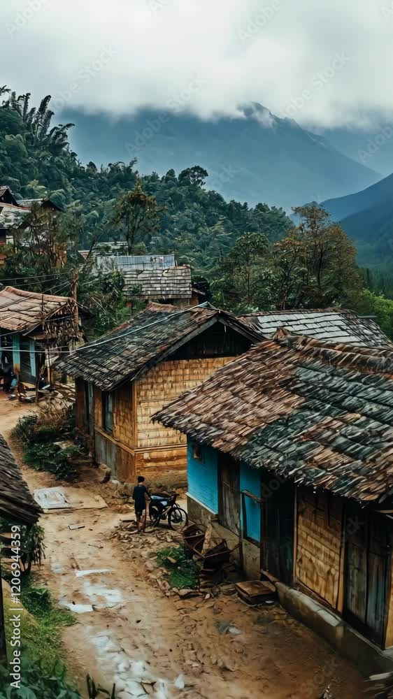 Bamboo houses line a narrow path in a hillside village with lush green mountains in the background Bamboo houses line a narrow path in a hillside village with lush green mountains in the background