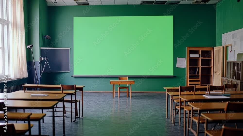 Green screen setup in classroom for back to school video letter template creation, Back to school green screen, Video letter template design concept for intro
