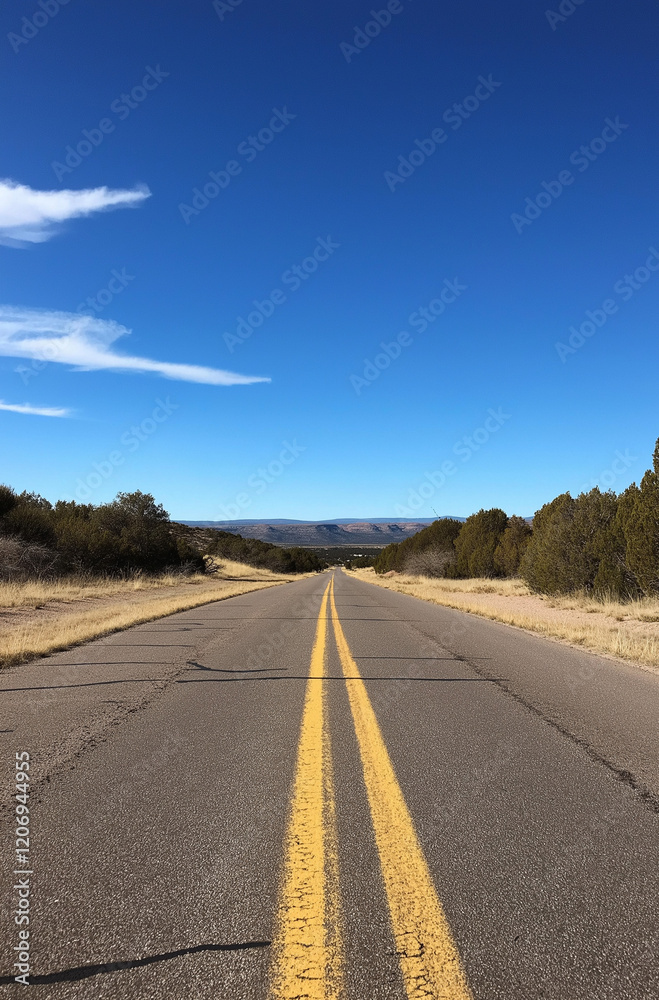 Naklejka premium A cinematic view of a long, desolate road stretching into the horizon on a clear day, under a vast blue sky. Captured with muted colors, a flat horizon line, for a dramatic view.