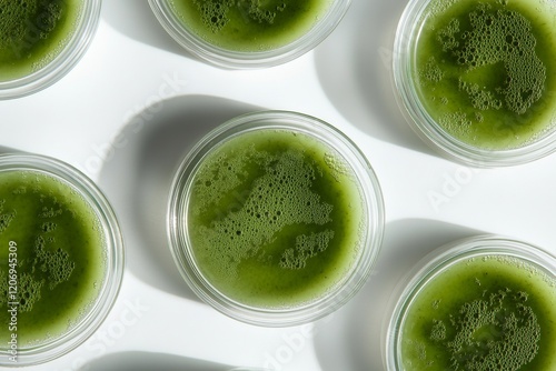 Top-down view of Petri dishes with green microalgae photo