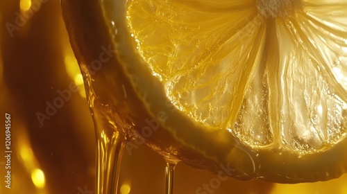 Close-Up of Juicy Lemon Slice Dripping with Honey Against a Warm Golden Background, Highlighting Freshness and Natural Sweetness in Vibrant Yellow Hues photo