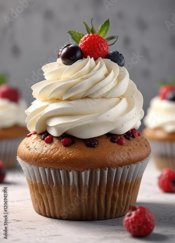 A decadent cupcake adorned with a rich layer of creamy frosting and a selection of ripe berries, baking, berries