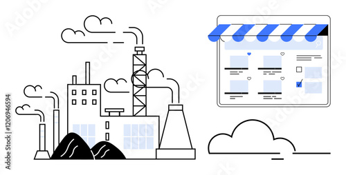 Industrial factory with chimneys emitting smoke sits beside an online storefront displaying product listings. Ideal for e-commerce, industrial evolution, digital marketplace, modernization