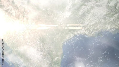 Earth zoom in from space and focus on San Marcos, Texas, USA. Background for travel blog or intro. Satellite view. 3D style animation. Images from NASA.