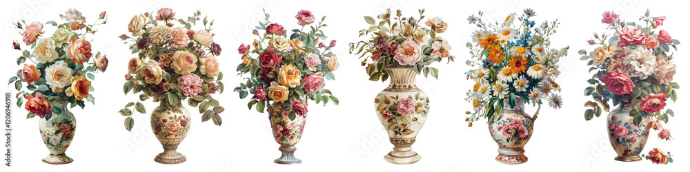 Obraz premium PNG Vintage floral vase art, element set on transparent background