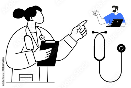 Doctor holding clipboard points while consulting with colleague on laptop. Stethoscope indicates medical context. Ideal for telehealth, online consultations, medical records, virtual collaboration