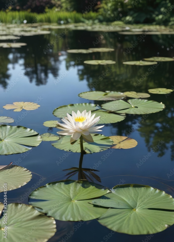 A delicate water lily floating on a serene lake surface at the Chicago Botanic Garden, foliage, garden A delicate water lily floating on a serene lake surface at the Chicago Botanic Garden, foliage, garden