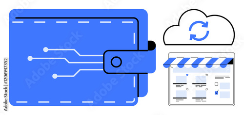 Digital wallet with secure circuitry connected to an online store interface beneath a cloud with a syncing icon. Ideal for e-commerce, digital security, cloud computing, fintech, online transactions