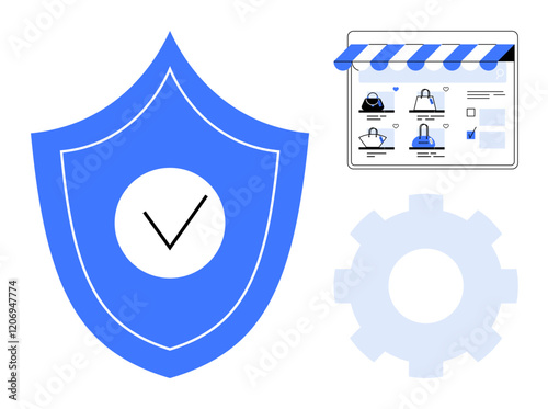 Blue shield with checkmark, e-commerce website browser with items, and gearwheel represent online security and reliability. Ideal for cybersecurity, reliability, efficiency, settings, e-commerce