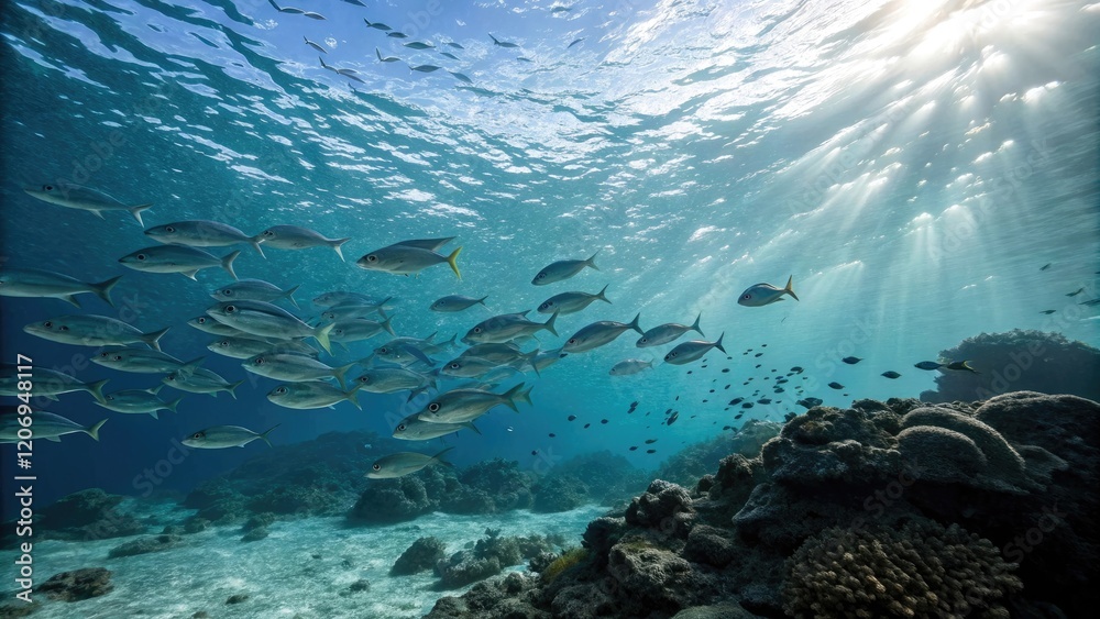 Fototapeta premium A dramatic underwater scene featuring a school of fish swimming through the crystal-clear waters, aquatic plants, marine life
