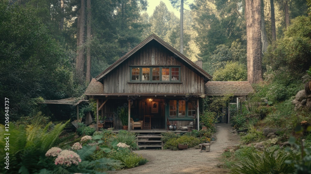 A cozy cabin-style small bungalow with wooden siding and a rustic, secluded setting A cozy cabin-style small bungalow with wooden siding and a rustic, secluded setting