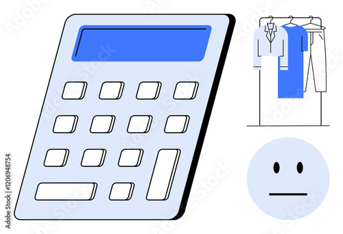 Calculator with prominent buttons, hanging clothes on a rack, and neutral face. Ideal for finance, budgeting, retail, shopping, math office work and emotions. Line metaphor