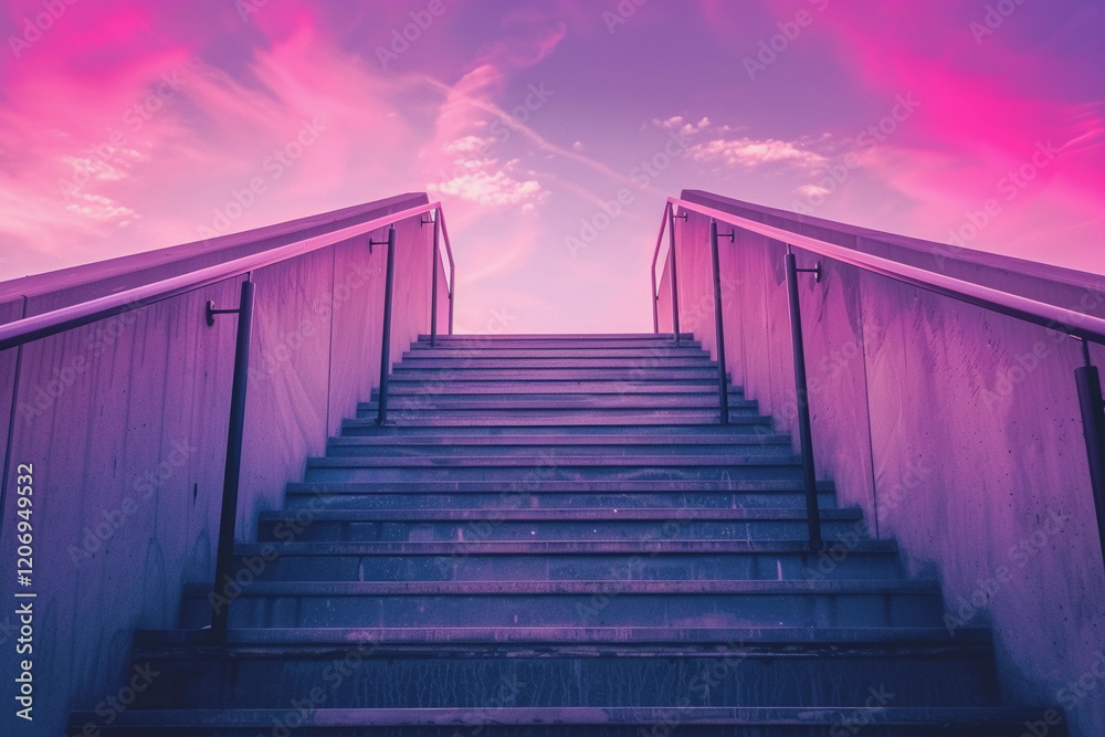 Fantastically beautiful staircase leading to cloudy deep sky at natural light, abstract vivid composition consists of fictional unreal fantastic vision on background