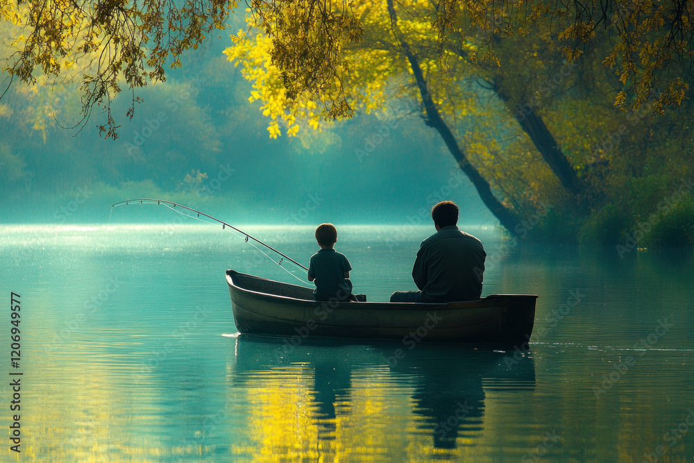 Two people fishing in a boat on a tranquil lake. Two people fishing in a boat on a tranquil lake.